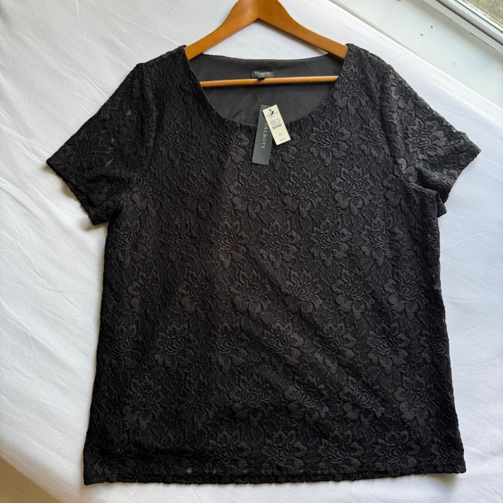 Talbots Black Floral Lace Short Sleeve Blouse